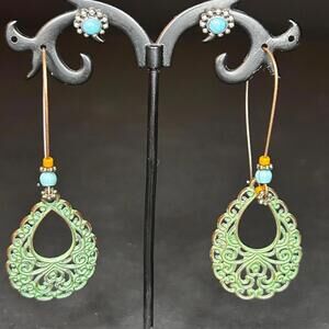 Intricate Green Patina Teardrop Earrings with Beaded Accents